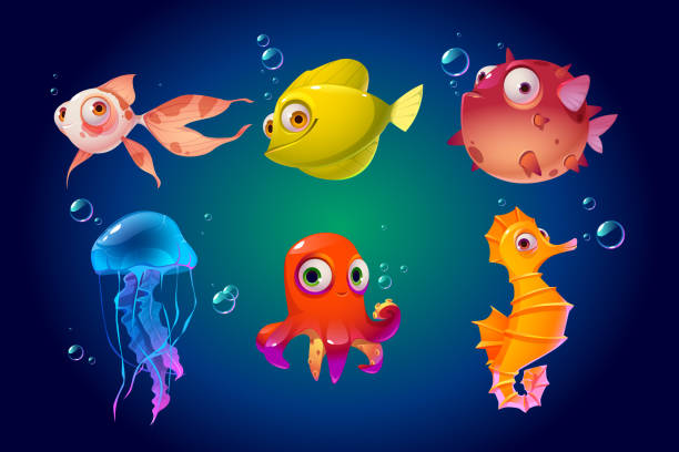 słodkie zwierzęta morskie, ryby, ośmiornica, meduza, puffer - underwater animal sea horse fish stock illustrations