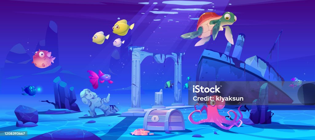 Underwater sea landscape with fish and sunken ship Underwater background with ocean fish, sunken ship and ruins. Vector cartoon of deep seafloor with marine wildlife, treasure chest and shipwrecked steamboat Turtle stock vector Underwater sea landscape with fish and sunken ship Underwater background with ocean fish, sunken ship and ruins. Vector cartoon of deep seafloor with marine wildlife, treasure chest and shipwrecked steamboat Turtle stock vector
