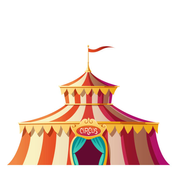 illustrazioni stock, clip art, cartoni animati e icone di tendenza di tenda da circo con strisce rosse e bianche su funfair - curtain red color image clown