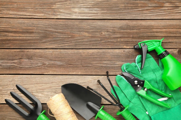 istock Gardening tools on grey wooden background, top view 1208394026