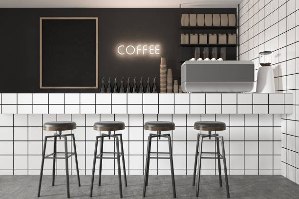 istock Black coffee shop interior with blackboard 1208394106