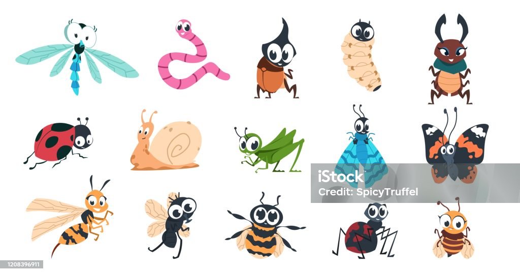 Funny bugs. Cartoon cute insects with faces, caterpillar butterfly bumblebee spider colorful characters. Vector illustration for kids Funny bugs. Cartoon cute insects with faces, caterpillar butterfly bumblebee spider larvae colorful characters. Vector designs illustration smiling creature with eyes for learning children Insect stock vector