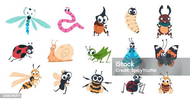 Funny Bugs Cartoon Cute Insects With Faces Caterpillar Butterfly Bumblebee Spider Colorful Characters Vector Illustration For Kids Stock Illustration - Download Image Now