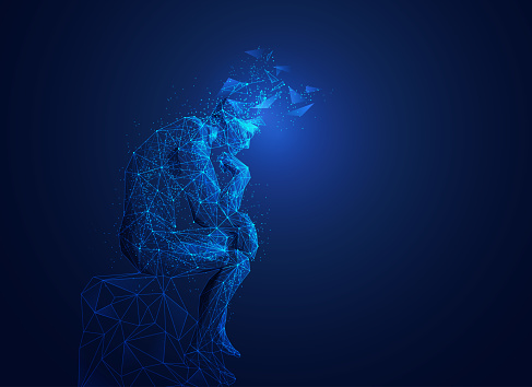 great thinker with broken head in wireframe polygonal style, brain thinking concept