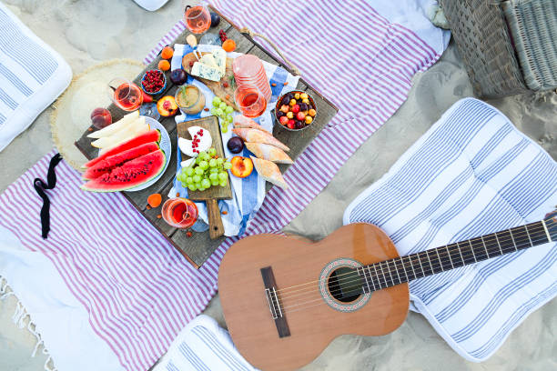 istock Picnic on the beach. Top view 1208397694