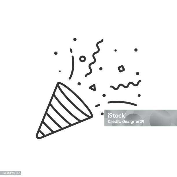Confetti And Party Popper Icon Outline Vector Design On White Background Stock Illustration - Download Image Now