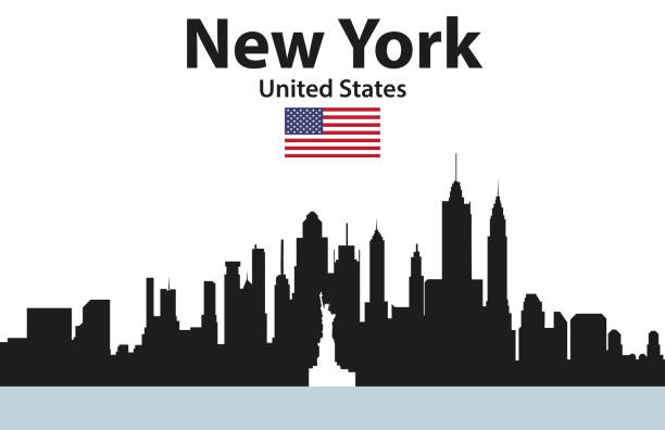 illustrazioni stock, clip art, cartoni animati e icone di tendenza di illustrazione vettoriale della silhouette del paesaggio urbano di new york - new york city panoramic statue of liberty skyline