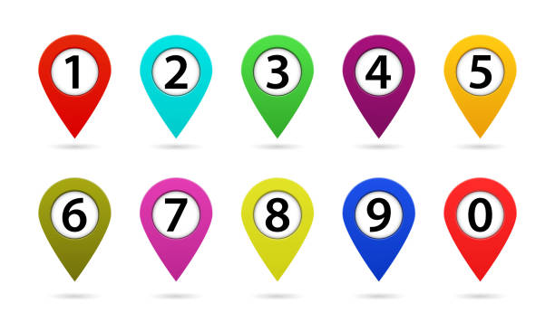 istock Map marker with number. Pointer icon for gps on road. Color position pin sign for direction in travel. Green, orange, red button arrow for communication. Set of route pointer on map. Isolated vector. 1208399211