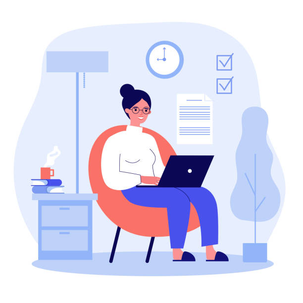 Happy freelance worker working with laptop at home Happy freelance worker working with laptop at home. Woman sitting in armchair, using computer. Vector illustration for freelancer, morning, planning, routine concept business person typing on laptop stock illustrations