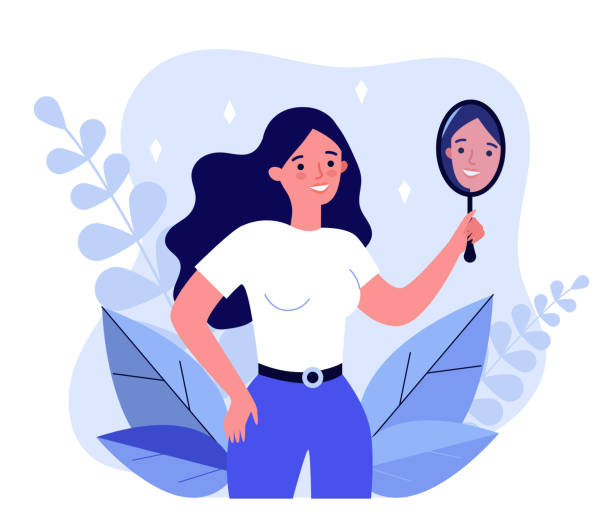 Self centered woman suffering from narcissism Self centered woman suffering from narcissism. Smiling girl looking at herself in mirror. Vector illustration for ego, psychology, reflection concept individuality illustrations stock illustrations