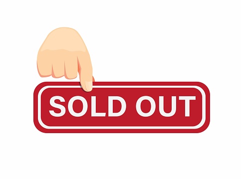 sold out sign with hand, hand put sold out information in cartoon flat illustration vector isolated in white background