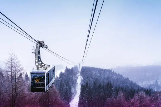 Cable car is traveling on ropeway through a beautiful woodland landscape in Zao Skii resort