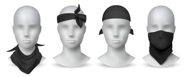 Realistic black bandana. Handkerchief or buff on white mannequin, biker blank head scarf or bandage template. Vector mockup set Realistic black bandana. Handkerchief or buff on white mannequin, biker blank head scarf or bandage template. Vector illustration isolated fashion mockup set for tourists gangsters on white background pirate criminal illustrations stock illustrations