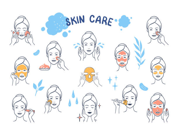 ilustrações, clipart, desenhos animados e ícones de cuidados com a cara desenhadas à mão. doodle skin máscara facial e elementos infográficos de proteção, personagem de desenho animado feminino. conjunto de desenhos animados vetoriais - human face washing cleaning body care