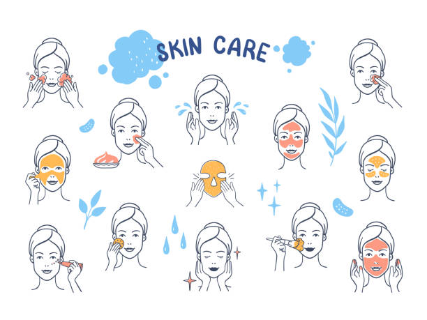 Hand drawn face care. Doodle skin facial mask and protection infographic elements, girl cartoon character. Vector cartoon set Hand drawn face care. Doodle skin facial mask and protection infographic elements, girl cartoon character. Vector skin care, procedures acne treatment, washes makeup, set on white background facial mask beauty product illustrations stock illustrations