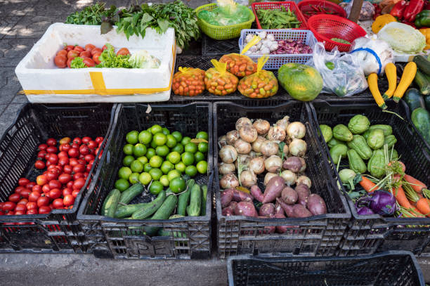 divers de fruits et légumes dans le panier vendant sur l’étal d’épicerie - market raw potato fruit basket photos et images de collection