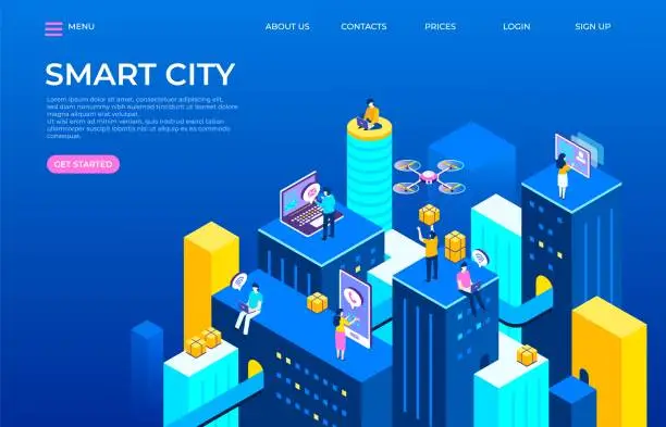 Vector illustration of Isometric city landing page. Futuristic buildings transport and gadgets with people characters. Vector night technology city web page