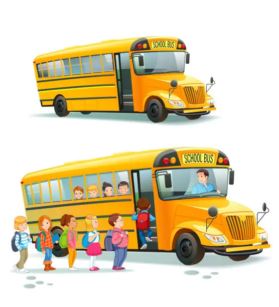 Vector illustration of School bus. Children get on school bus.Transportation pupil or student, transport and automobile. Vector illustration.