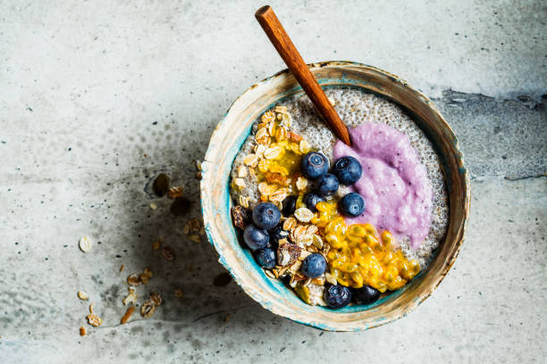 istock Chia pudding bowl with blueberries, passion fruit, granola and yogurt, top view. 1208412763