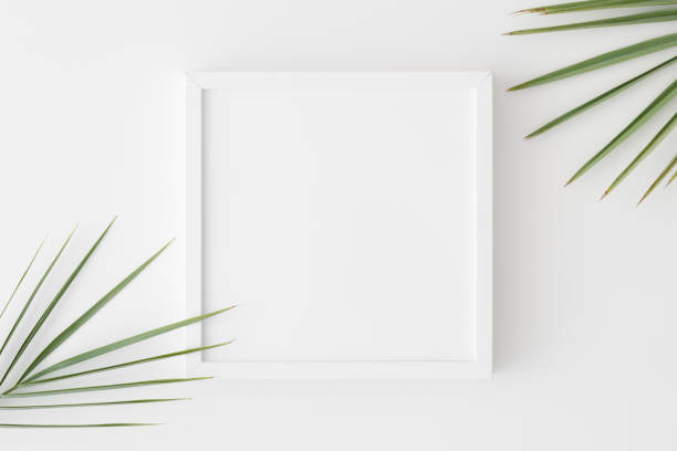 istock Top view of a white square frame mockup with palm leaf decoration. 1208414489