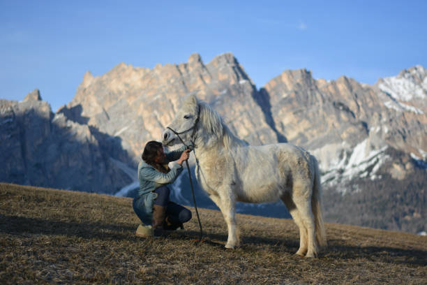 istock woman with a small white pony in the high mountains 1208414836