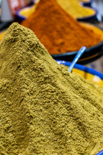 istock Dried kitchen herbs and different spices in boxes for sale in shop 1208414934