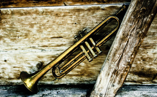 istock an ancient Jazz trumpet with a wooden background 1208415061