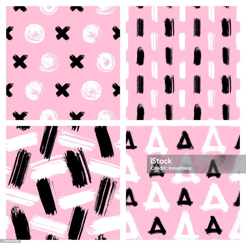 Ilustración de Conjunto De Patrones Sin Costuras Con Formas Geométricas  Círculos Triángulos Cruces Rayas Pintadas En Estilo Grunge Con Tinta Fondos  De Pantalla Vectoriales Dibujados A Mano Fondos Rosas Blancos Negros y