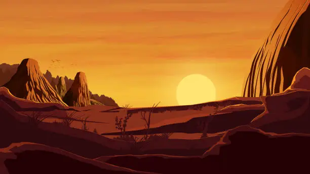 Vector illustration of Orange landscape, sunset in the desert, rocks, orange sunset, mountains, and beautiful sky.