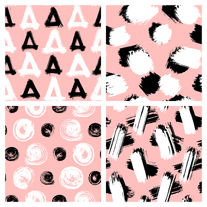 Set of seamless patterns with geometric shapes: circles, triangles, crosses, stripes painted in grunge style with ink. Hand drawn vector wallpapers. Peach, white, black backgrounds.