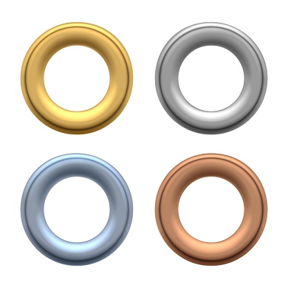 Round grommets. Rounded metallic eyelets for holes in labels and fabric, metalic clothes grommet components for jeans, silver shackle set vector illustration