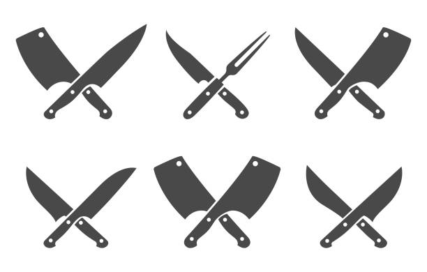 metzger kreuzte messer - küchenmesser stock-grafiken, -clipart, -cartoons und -symbole