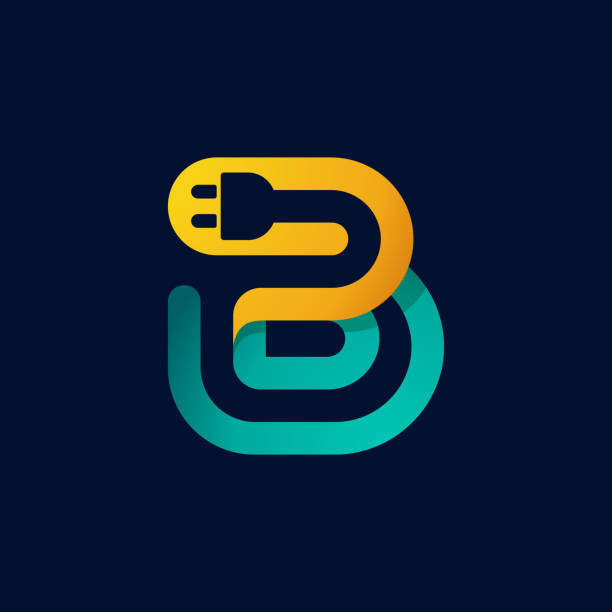 B letter logo with plug cable inside. Vector typeface for electric car identity, technology headlines, charging posters etc. parallel port stock illustrations