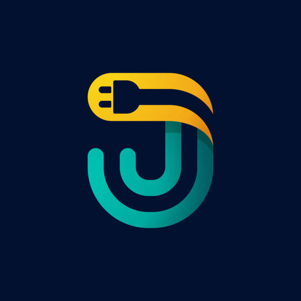 J letter logo with plug cable inside. Vector typeface for electric car identity, technology headlines, charging posters etc. parallel port stock illustrations