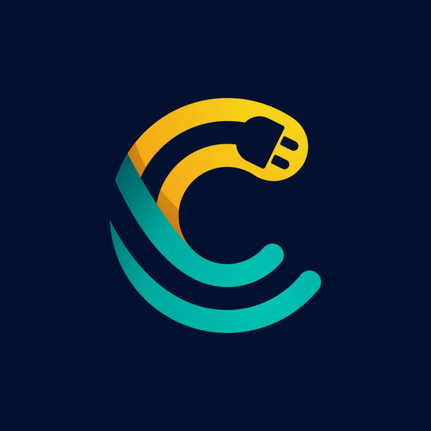 C letter logo with plug cable inside. Vector typeface for electric car identity, technology headlines, charging posters etc. parallel port stock illustrations