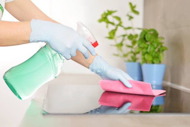 Woman in gloves cleaning kitchen. Cleaning the kitchen - cleaning with a liquid. cleaning stove domestic kitchen human hand stock pictures, royalty-free photos & images