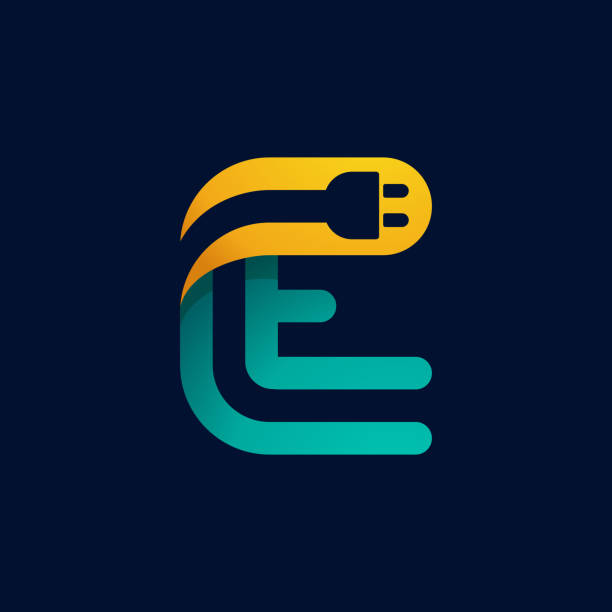 E letter logo with plug cable inside. Vector typeface for electric car identity, technology headlines, charging posters etc. parallel port stock illustrations