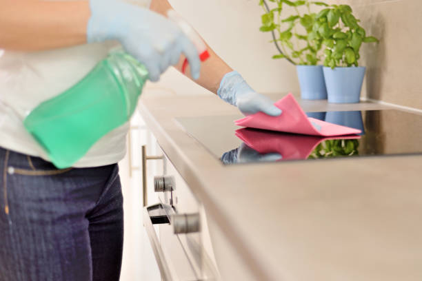istock Woman in gloves cleaning kitchen. 1208418985