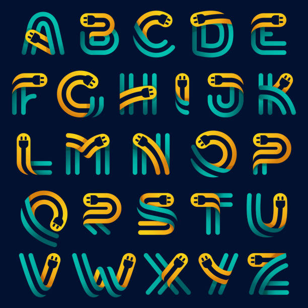 Alphabet with plug cable inside. Vector typeface for electric car identity, technology headlines, charging posters etc. parallel port stock illustrations