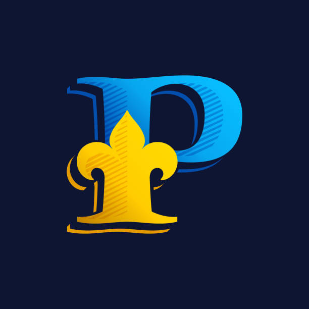 logo litery p ze złotą francuską lilią i wylęgiem cienia. - letter p text calligraphy old fashioned stock illustrations