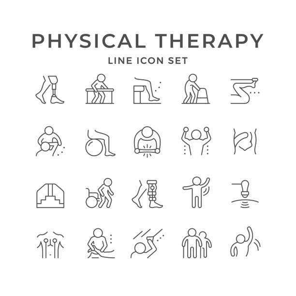 Set line icons of physical therapy Set line icons of physical therapy isolated on white. Health rehabilitation, physiotherapy exercise, kinesio tape, wheelchair, injury recovery, physiotherapist assistance massage. Vector illustration physical therapy stock illustrations