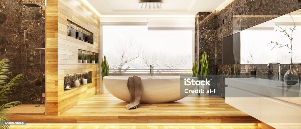 Beautiful modern bathroom designs Modern bathtub and shower and a large mirror Bathroom Stock Photo