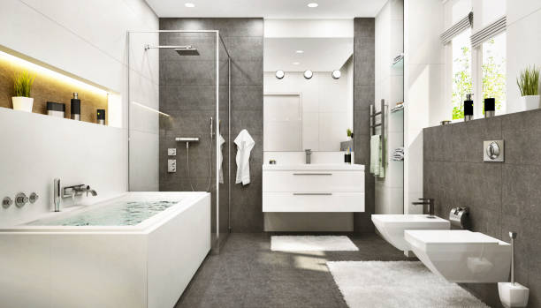 istock Modern bathroom with bathtub and window 1208420885