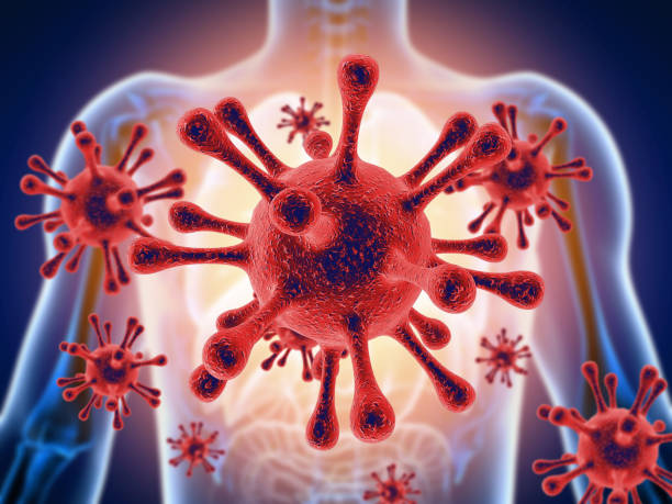 istock Red contagious virus in a human body 1208421169