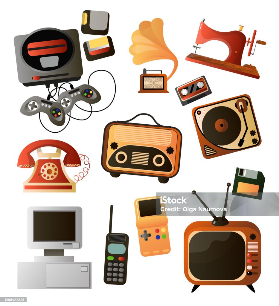 Set Of Different Home Retro Objects And Electronic Devices Stock  Illustration - Download Image Now - iStock