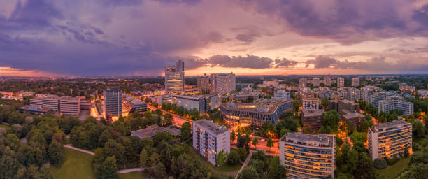 istock Munich from above, a panoramic droneshot in the colorful evening with office bulidings in a working discrict. 1208423037