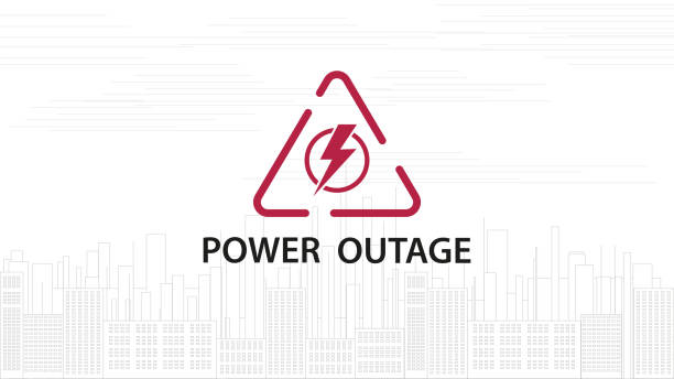 Power outage, warning red line sign with triangular icon of electricity and line silhouette of city on background, white illustration Power outage, warning red line sign with triangular icon of electricity and line silhouette of city on background, white illustration blackout stock illustrations