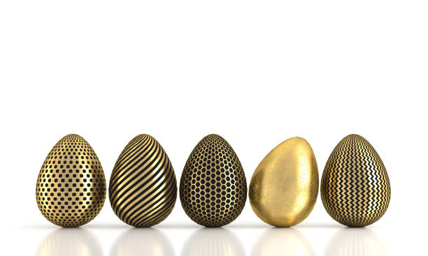 istock Golden egg in row isolated on white. 3d rendering 1208430536