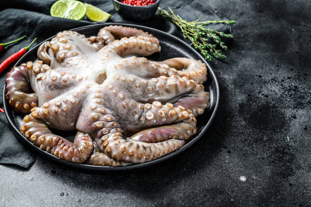 istock Fresh octopus with cooking ingredients, lime, thyme, chili pepper. Black background. Top view. Copy space 1208430712