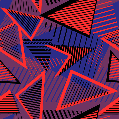 Sport style abstract vector seamless pattern with geometric lines, triangles, stripes. Urban art texture. Trendy colorful graphic background for boys and girls. Bright neon colors, red, blue, black